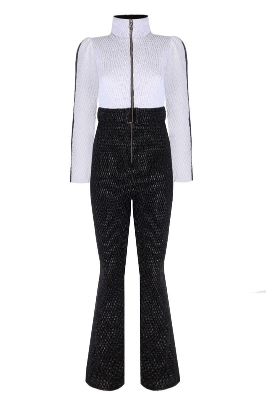WHITE AND BLACK ONE-PIECE SKI SUIT