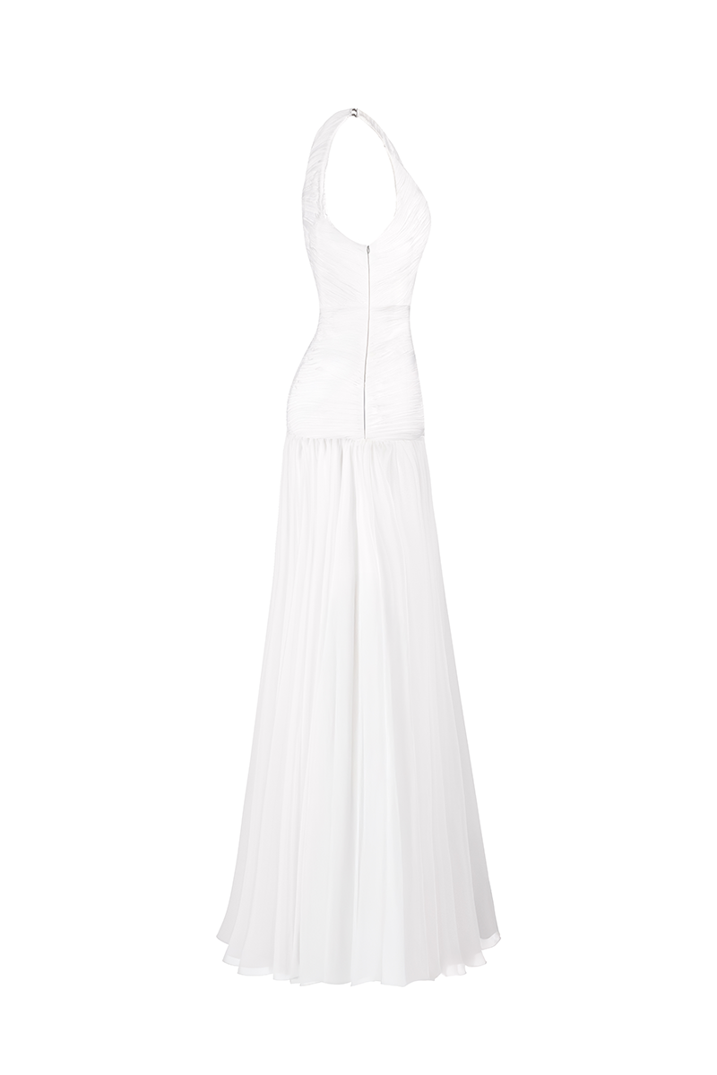 ASYMMETRICAL LOW WAISTLINE GOWN IN WHITE
