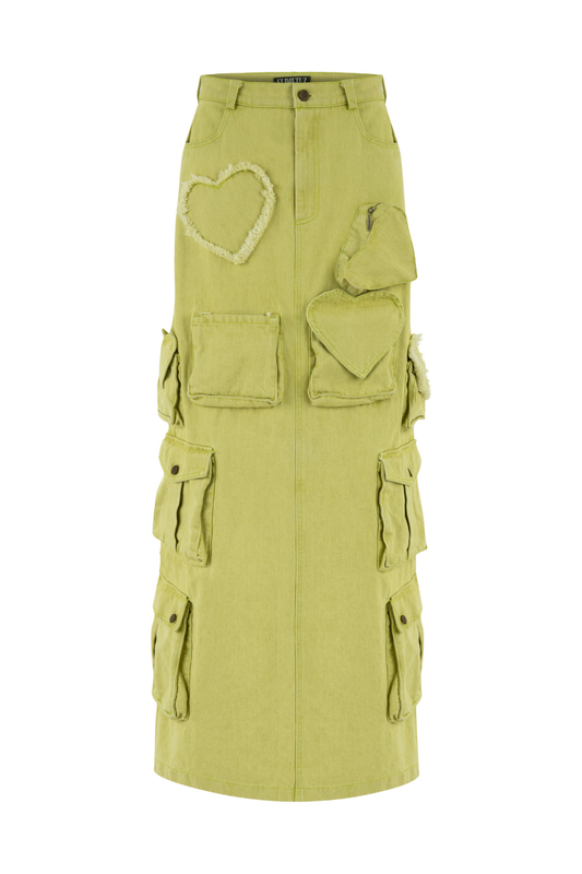 GREEN DENIM CARGO MAXI SKIRT