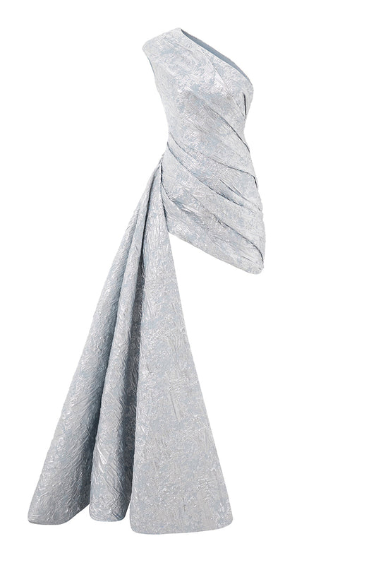 ONE-SHOULDER DRAPED MINI DRESS WITH TAIL IN SILVER