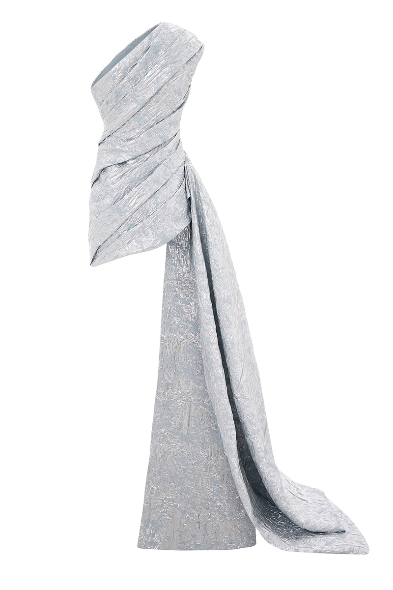 ONE-SHOULDER DRAPED MINI DRESS WITH TAIL IN SILVER