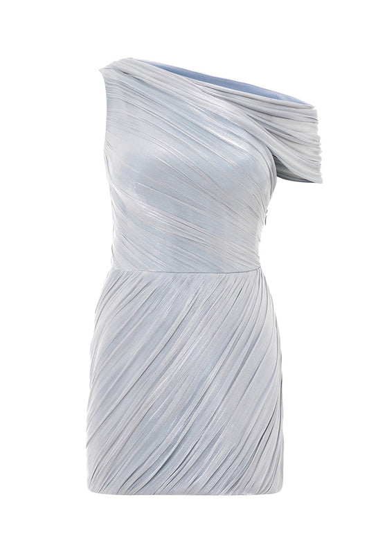 DRAPED ONE-SHOULDER DRESS IN LIGHT BLUE