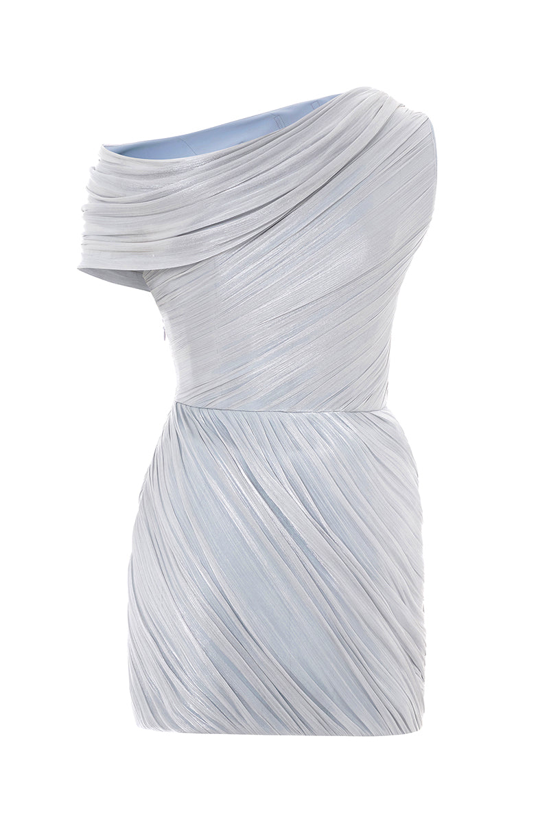 DRAPED ONE-SHOULDER DRESS IN LIGHT BLUE