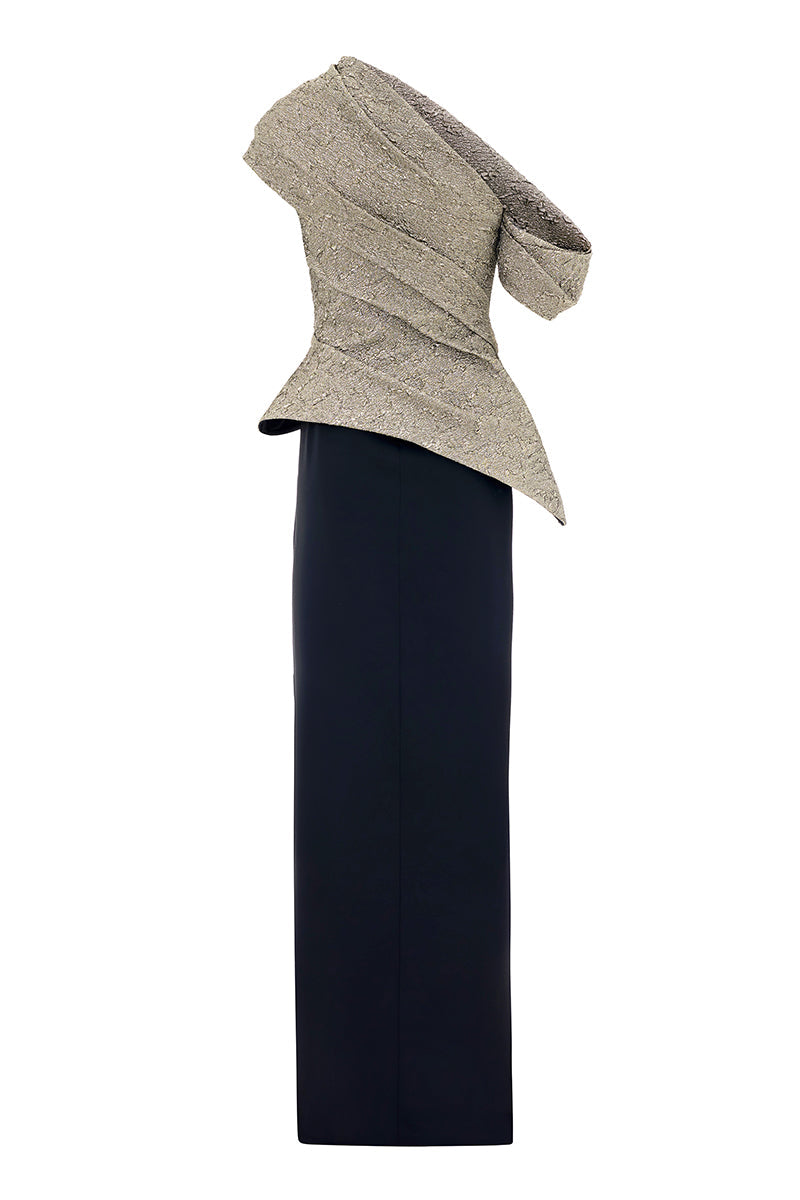 ASYMMETRIC LONG DRESS IN BLACK CREAM