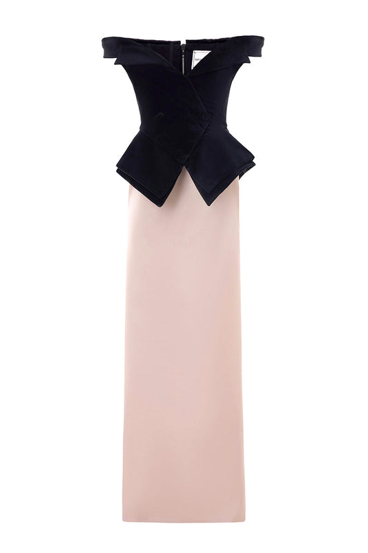 VELVET SATIN BATEAU DRESS IN BLACK NUDE