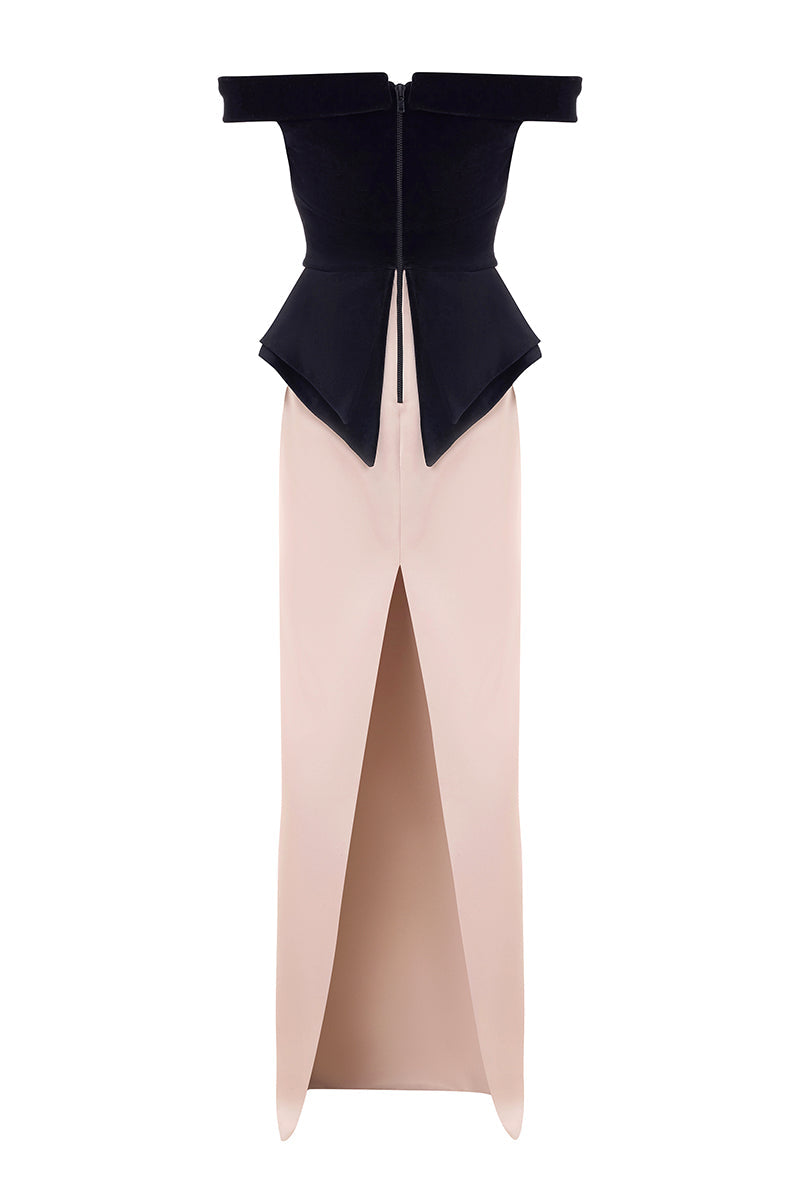 VELVET SATIN BATEAU DRESS IN BLACK NUDE