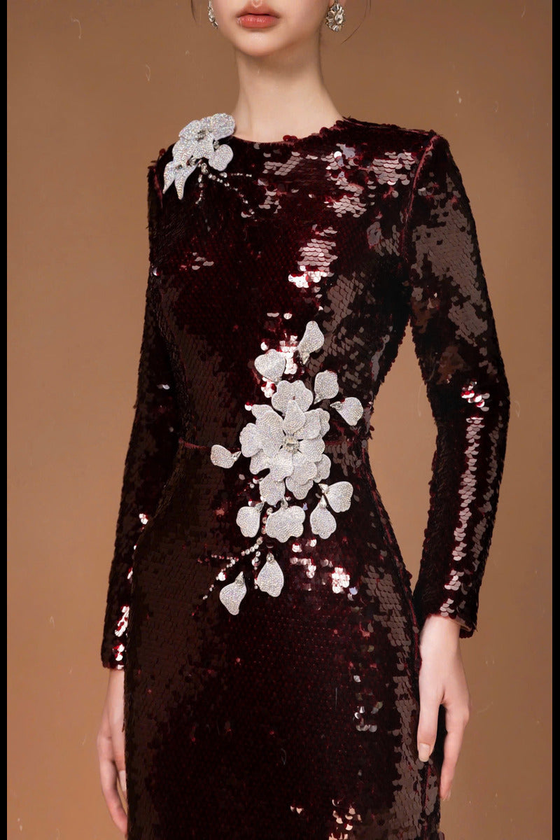LONG SLEEVE SEQUIN FLOWER LONG DRESS