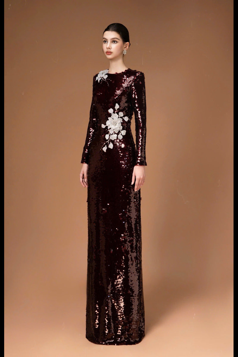 LONG SLEEVE SEQUIN FLOWER LONG DRESS