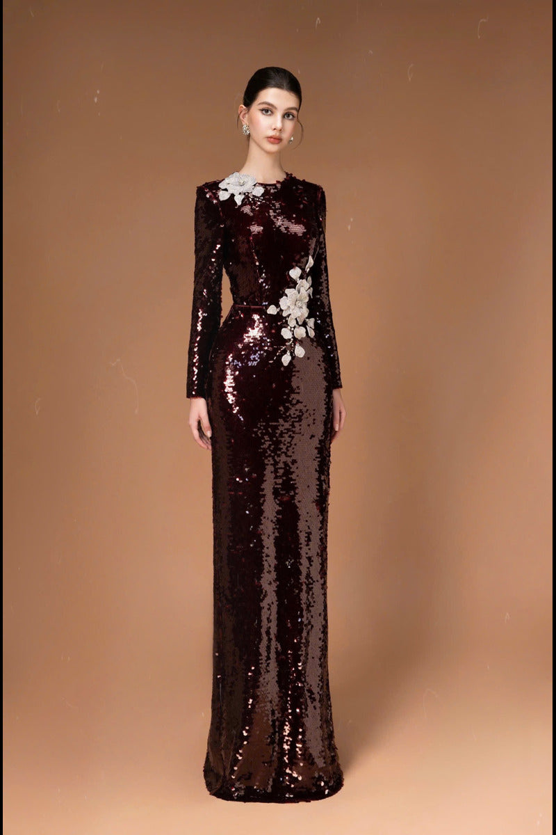 LONG SLEEVE SEQUIN FLOWER LONG DRESS